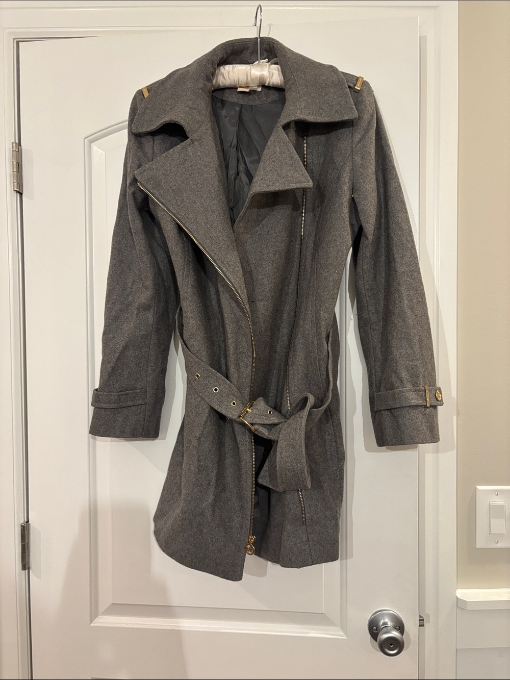 MICHAEL Michael Kors Gray Wool-Blend Belted Trench Coat